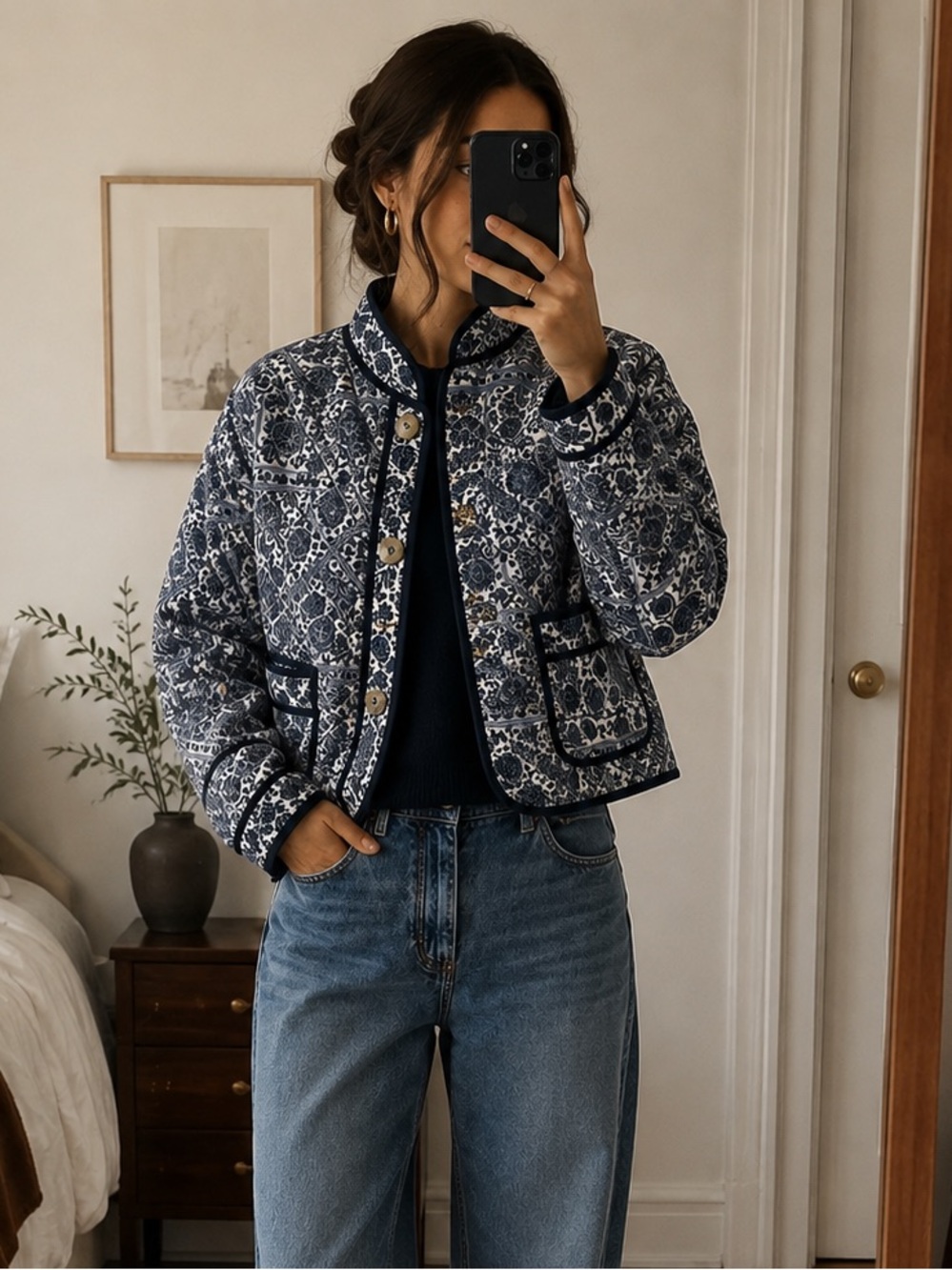 7 For All Mankind Blue White Floral Paisley Quilted Cropped Jacket XS